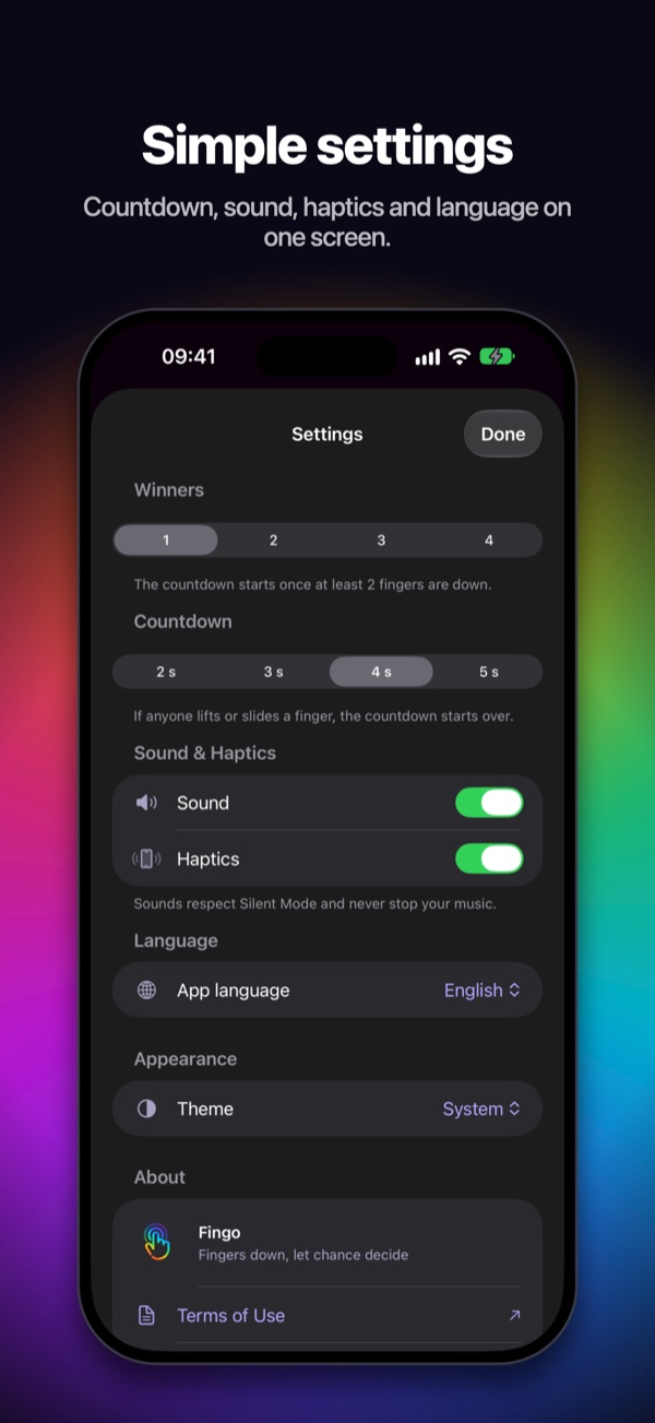 Simple settings — Countdown, sound, haptics and language on one screen.